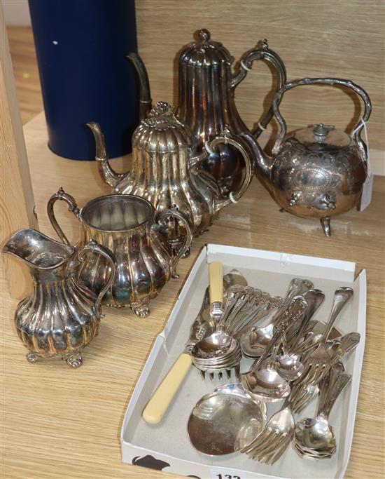 A four piece silver plated coffee set, a teapot (without stand) and a quantity of mixed plated cutlery